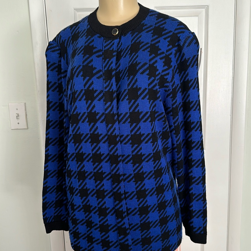 Vintage St John Plaid Button Up Sweater Black and Blue Size 6